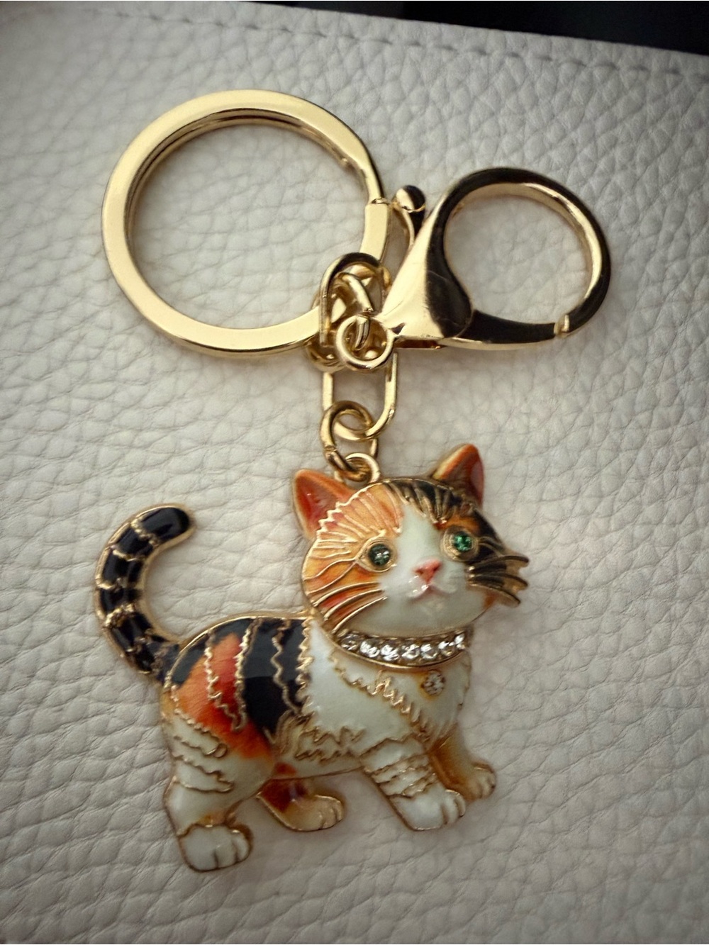 Gold Calico Cat Keychain Charm - Green Eyes
